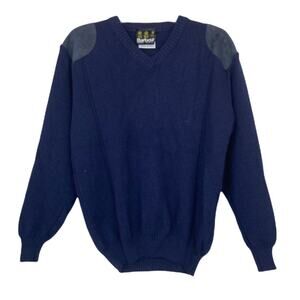 Barbour Navy Blue Wool Suede Leather Patch Sweater Sz M